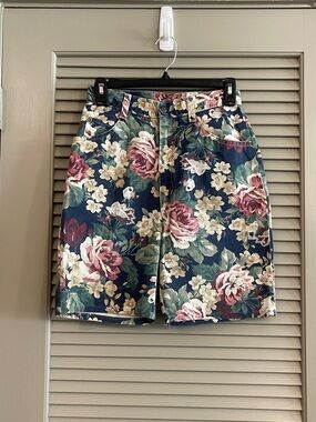 Vintage Floral High-Rise Denim Shorts - Navy with Rose Print